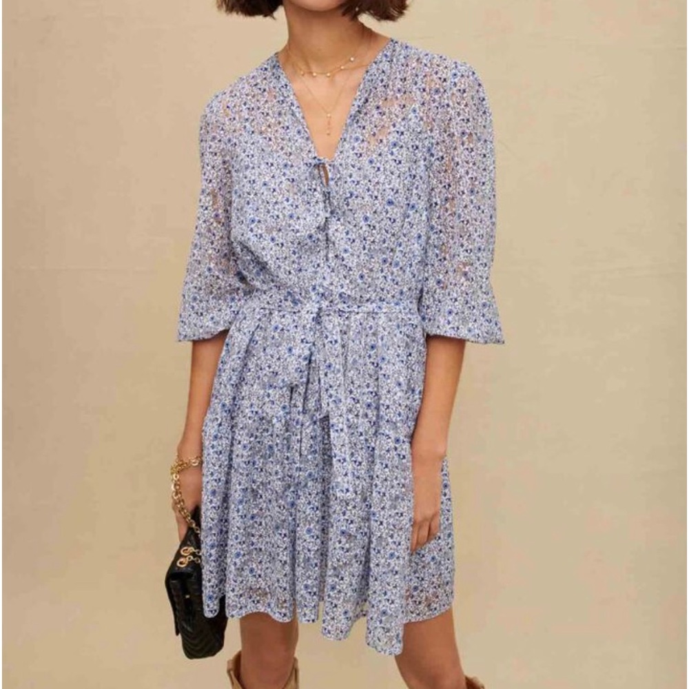 MAJE Rilaneta Belted Floral Print Burnout Dress